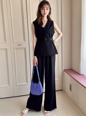ベルト付きカシュクールチュニック×ワイドパンツセットアップ