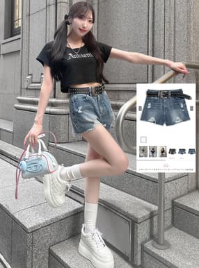 スタッズベルト付きダメージショートデニムパンツ