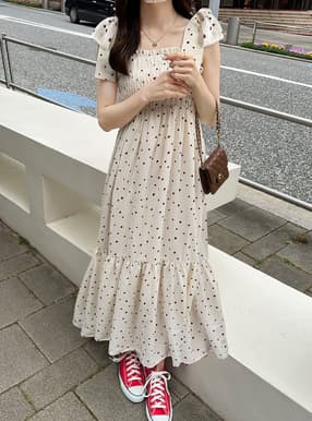 ハート柄ショルダーリボンロングワンピース
