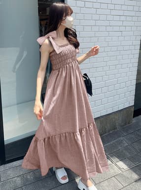 チェック柄ショルダーリボンワンピース
