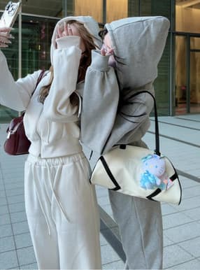 ジップパーカー×キャミ×ワイドパンツ裏起毛セットアップ