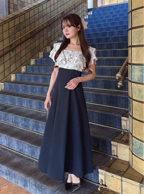花柄フリルブラウスドッキングフレアワンピース