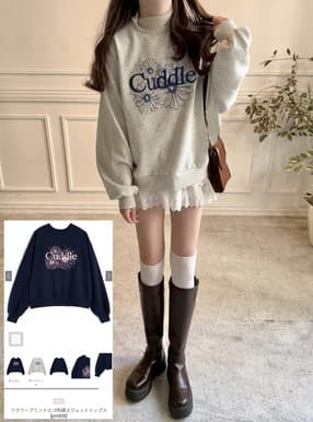 フラワープリントロゴ刺繍スウェットトップス
