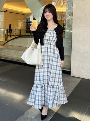 前後2Wayチェック柄フレアロングワンピース