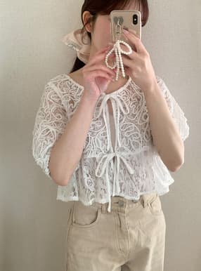 ライン刺繍レースフリルペプラムリボンブラウス