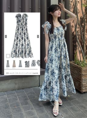 花柄ショルダーリボンキャミソールワンピース