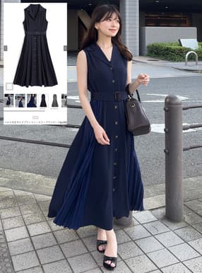 ベルト付きサイドプリーツノースリーブワンピース