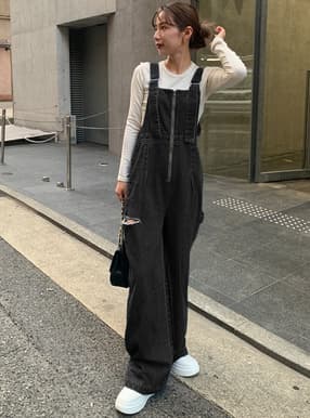 サイドカットセンタージップデニムオールインワン