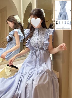 リボンベルト付きレースフリルスリーブワンピース