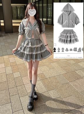 リボンレースパーカー×ティアードミニスカートセットアップ
