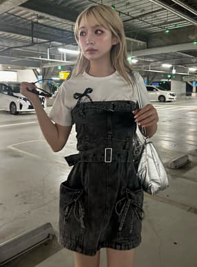 ダブルベルト付きベアデニムミニワンピース