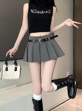 インパン裏地・ベルト付プリーツミニスカート