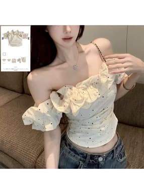ドット柄フラワー刺繍フリルオフショルダートップス
