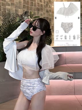 ワンショルダーチュール花柄ビキニ水着