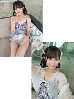 ギンガムチェック柄水着×シアーカーディガンセットアップ