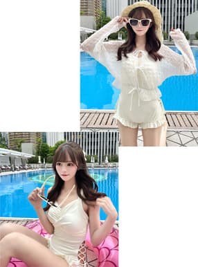 サイドレースアップ水着×シアーカーディガンセットアップ