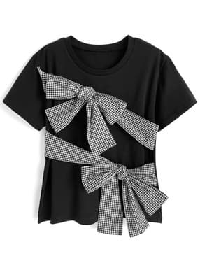 ギンガムチェック柄ダブルリボンTシャツ