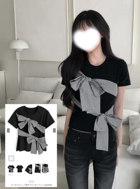 ギンガムチェック柄ダブルリボンTシャツ