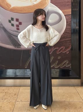 リボンベルト付きタックワイドパンツ