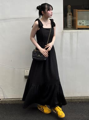 ふくれストライプリボンショルダーワンピース