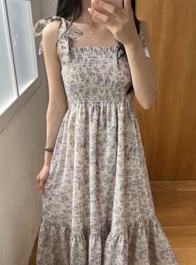花柄ショルダーリボンフレアワンピース