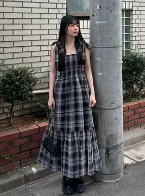 シフォンチェック柄リボンショルダーワンピース