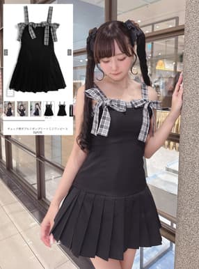 チェック柄ダブルリボンプリーツミニワンピース