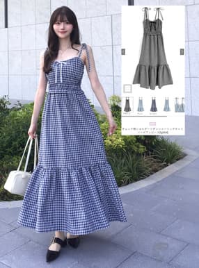 チェック柄ショルダーリボンシャーリングキャミソールワンピース