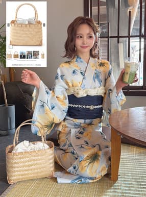 花柄刺繍巾着付きスクエアかごバッグ