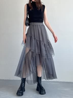 アシンメトリーティアードチュールスカート