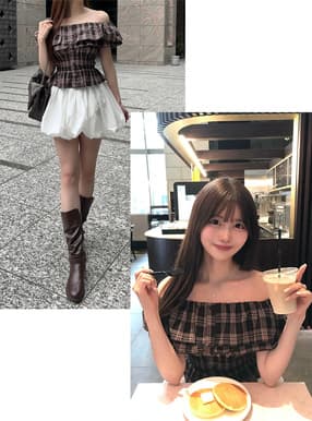 チェック柄オフショルダーフリルトップス