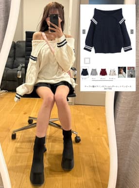ケーブル編みラインオフショルダーニットワンピース