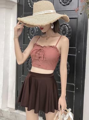 レースアップフリルトップス×スカート×インパンビキニ水着