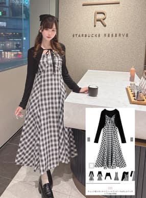 チェック柄リボンキャミソールワンピース×ボレロアンサンブル